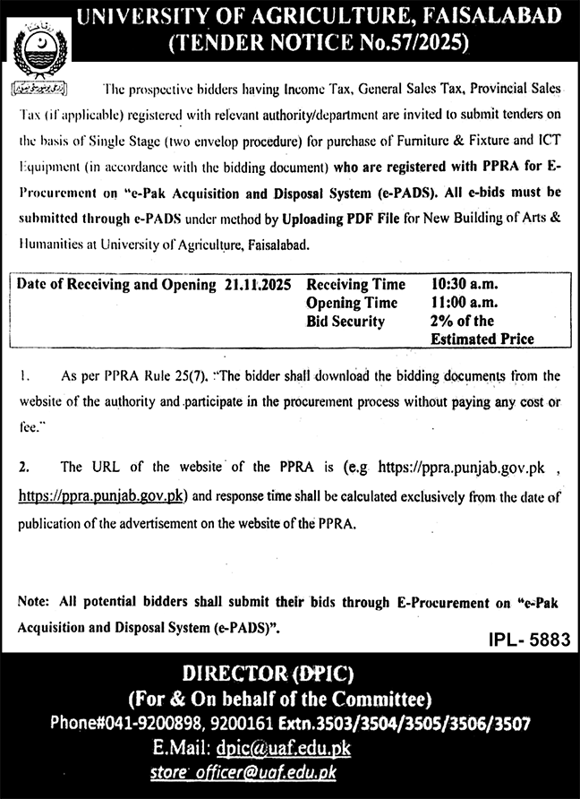 University of Agriculture Faisalabad Tender Notice
